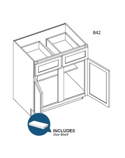 Shaker Designer White Base Cabinet- 2 Drawer, 2 Door, 1 Adjustable Shelf