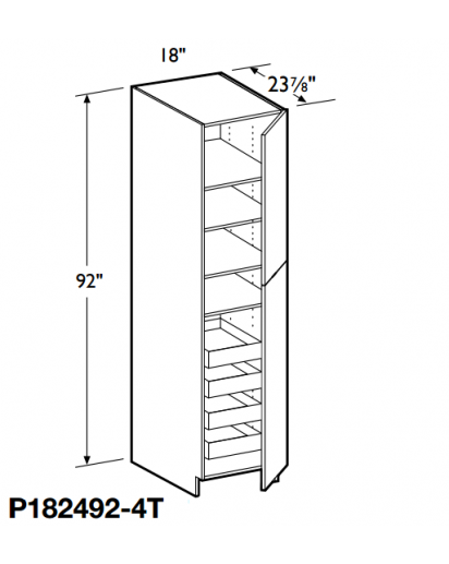 Spokane Polar White Tall Pantry Cabinet 92" High - 2 Doors, 1 Fixed and 4 Adjustable Shelves with 4 Rollout Trays