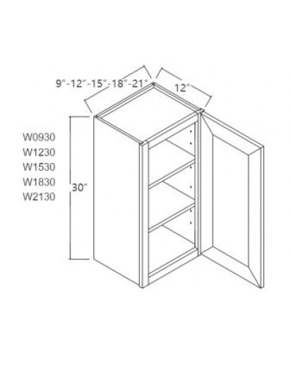 Ice White Shaker Wall Cabinet 12W x 30H Single Door, 2 Shelves