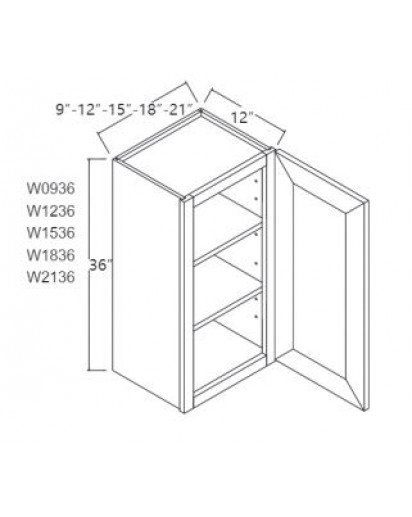 Ice White Shaker Wall Cabinet 09W x 36H Single Door, 2 Shelves