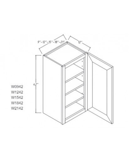Ice White Shaker Wall Cabinet 12W x 42H Single Door, 3 Shelves