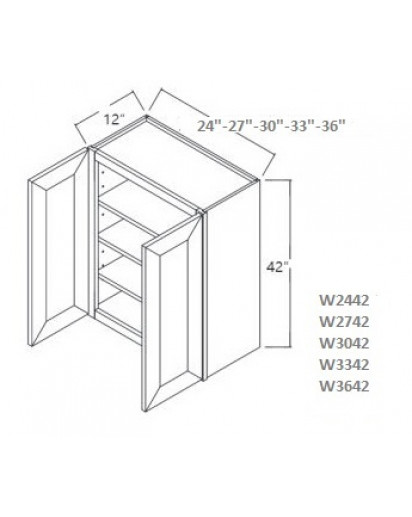 Ice White Shaker Wall Cabinet 27W x 42H Double Door with 3 Shelves