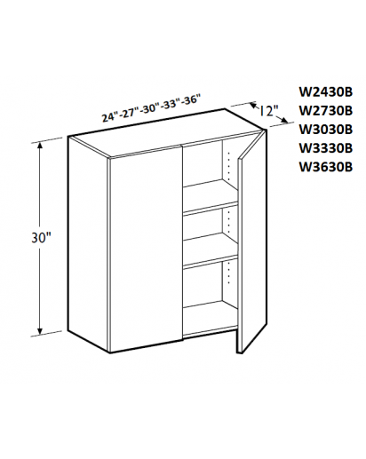 Ice White Shaker Wall Cabinet 27W x 30H Double Door with 2 Shelves