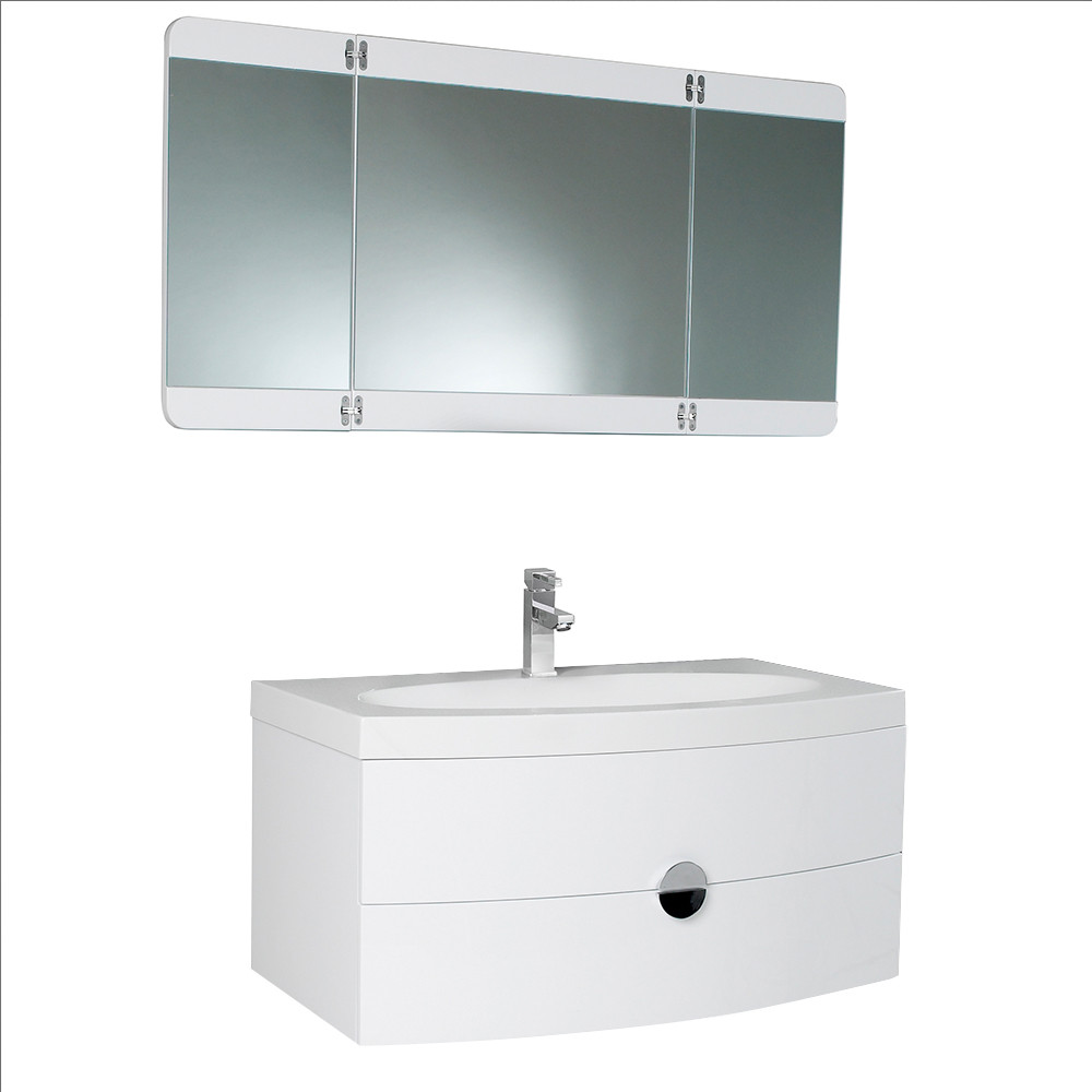 White Modern Bathroom Vanity, Three Panel Vanity Mirror